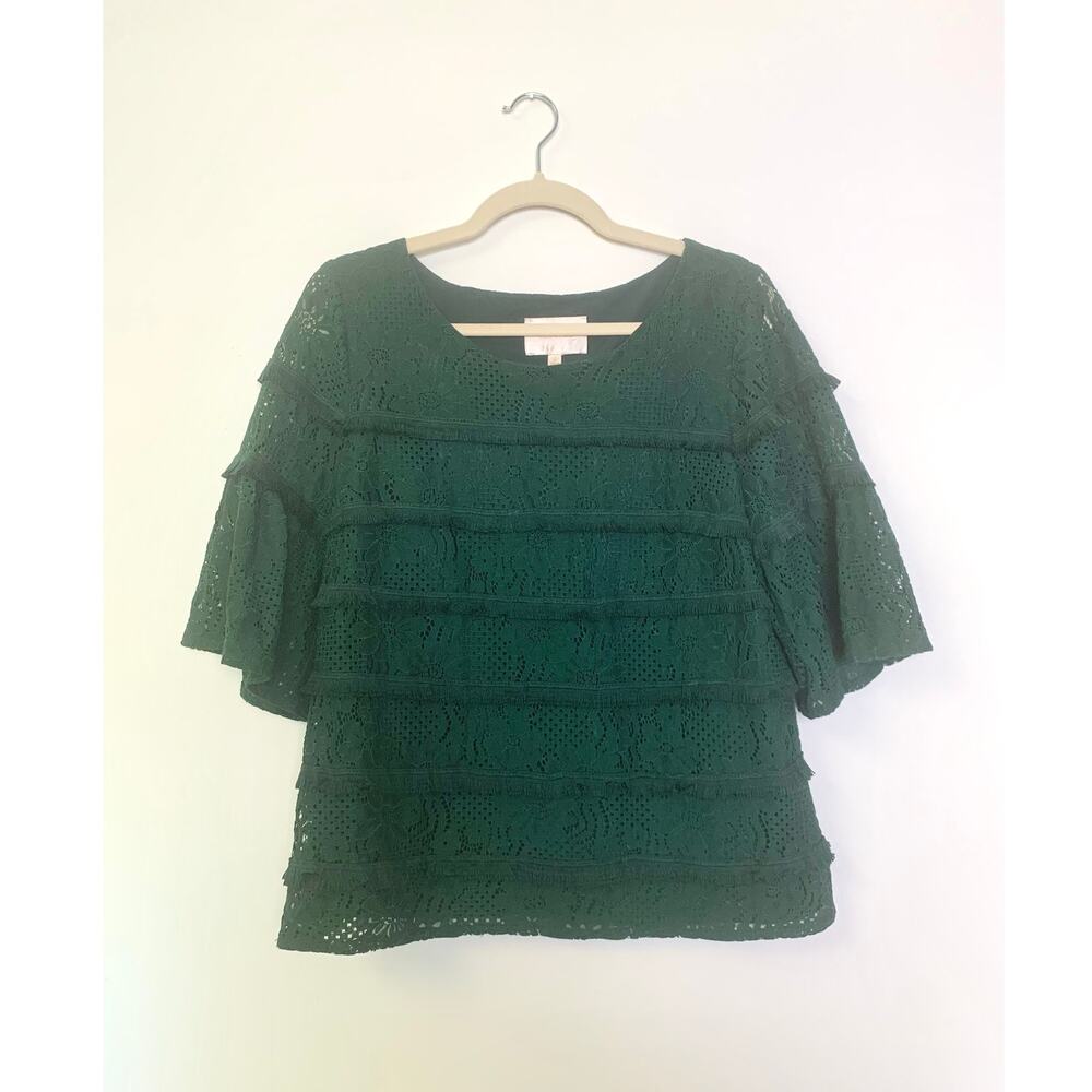 Skies Are Blue Lace Flounce Sleeve Blouse Women’s Large Romantic Sheer Boho